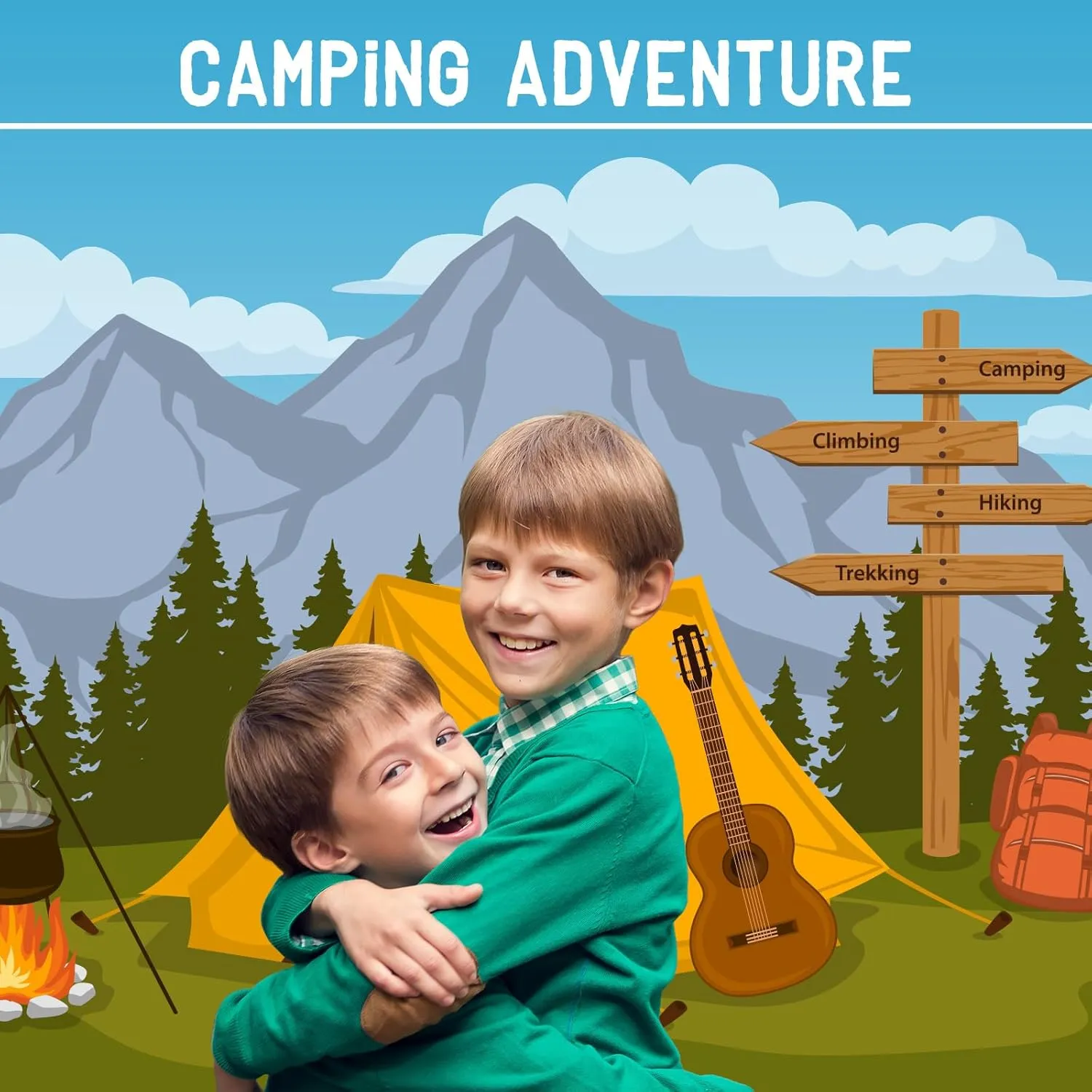 Cartoon Camping Backdrop Forest Mountain Scenery Camping Adventure Photography Background Outdoor Campfire Camper Tent Backdrop Climbing Hiking Sign Guitar Backpacks Background Props 7x5ft