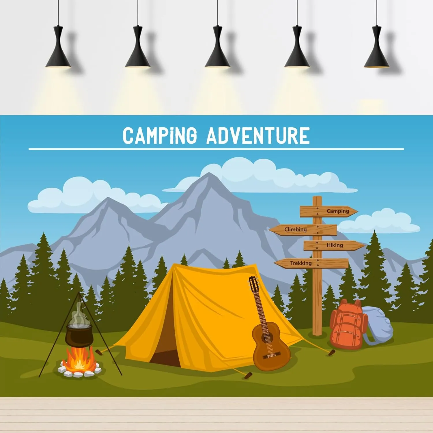 Cartoon Camping Backdrop Forest Mountain Scenery Camping Adventure Photography Background Outdoor Campfire Camper Tent Backdrop Climbing Hiking Sign Guitar Backpacks Background Props 7x5ft