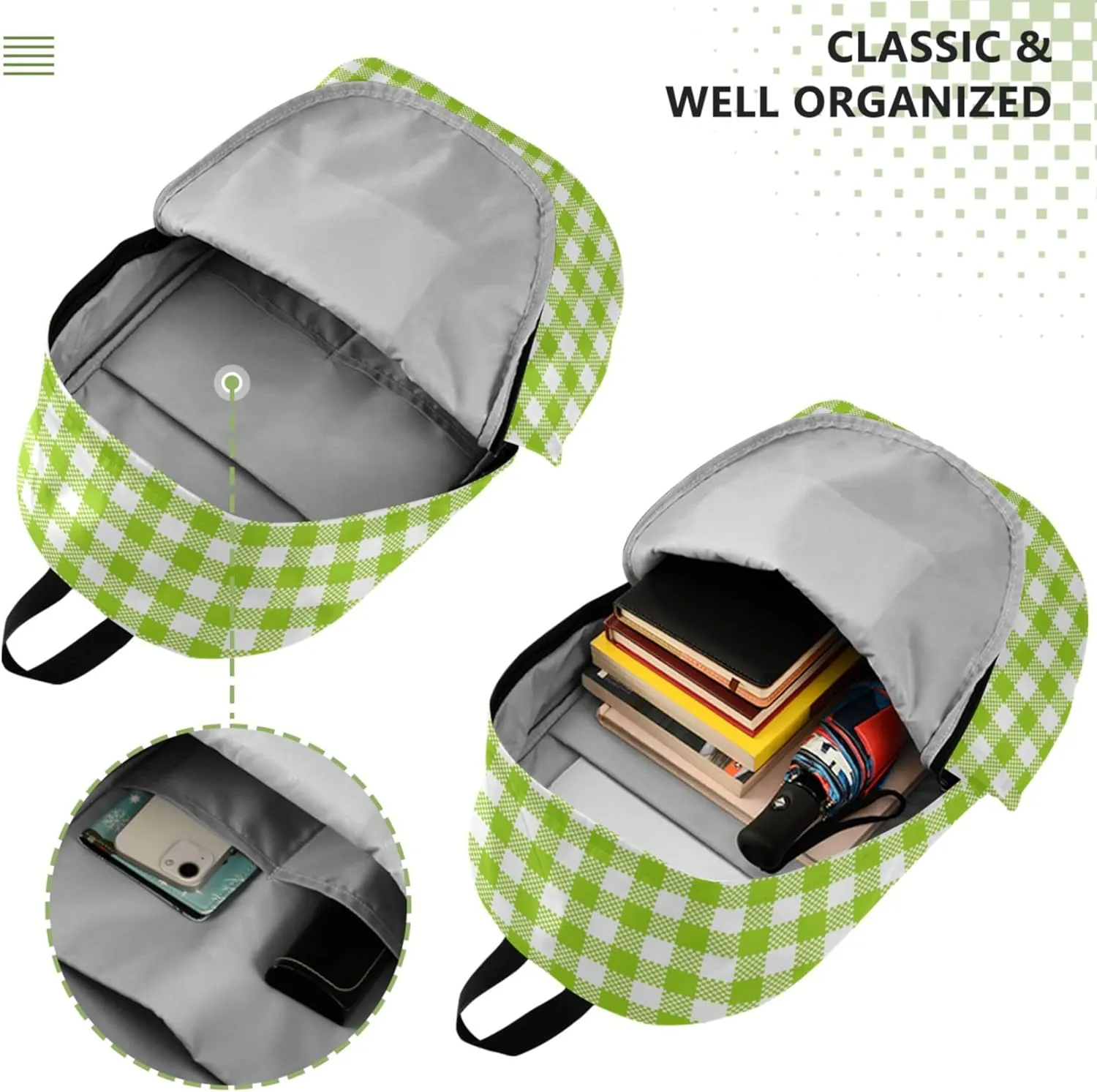 Cartoon Casual Daypack Backpack for Women Lime Green Buffalo Plaid Bookpack Gifts College Cool Backpack