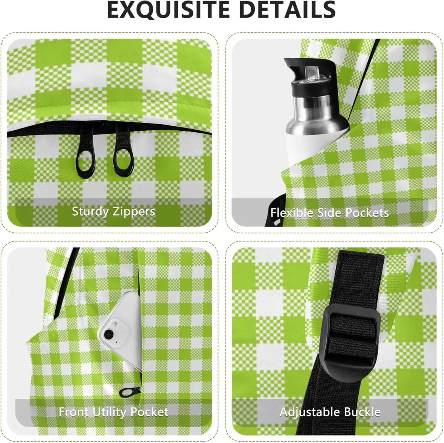 Cartoon Casual Daypack Backpack for Women Lime Green Buffalo Plaid Bookpack Gifts College Cool Backpack