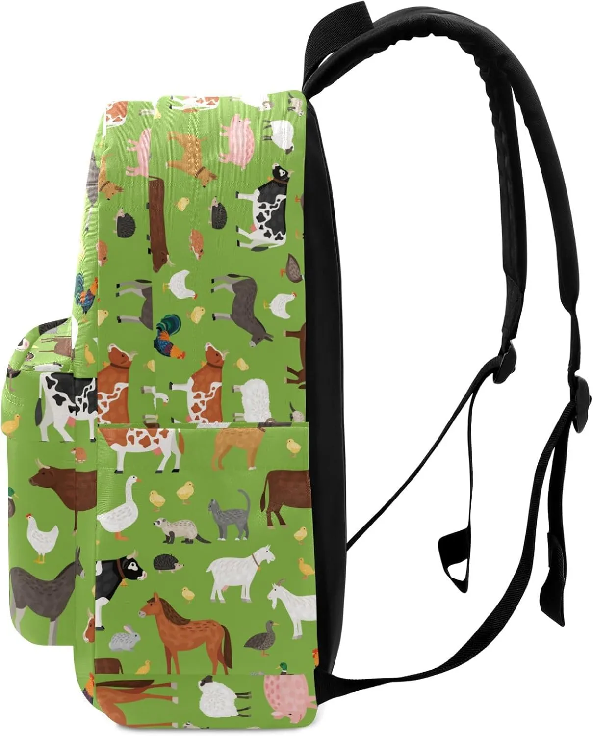 Cartoon Farm Animals Green Floral Large Canvas Backpack Durable Travel Shoulder Daypack for Unisex School Bookbag Beach Work Hiking Fit 16.5 Inch Notebook