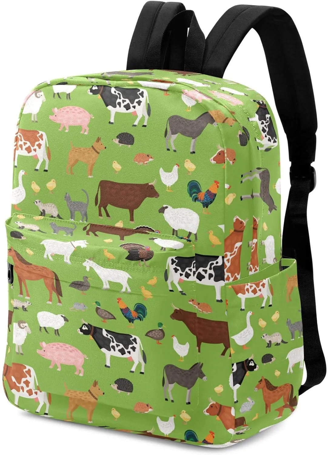 Cartoon Farm Animals Green Floral Large Canvas Backpack Durable Travel Shoulder Daypack for Unisex School Bookbag Beach Work Hiking Fit 16.5 Inch Notebook