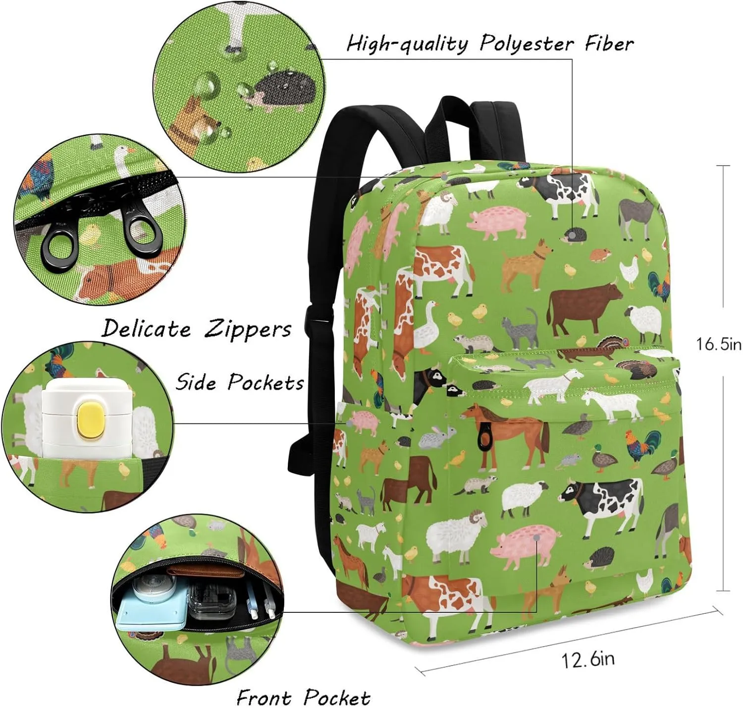 Cartoon Farm Animals Green Floral Large Canvas Backpack Durable Travel Shoulder Daypack for Unisex School Bookbag Beach Work Hiking Fit 16.5 Inch Notebook