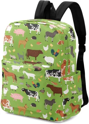 Cartoon Farm Animals Green Floral Large Canvas Backpack Durable Travel Shoulder Daypack for Unisex School Bookbag Beach Work Hiking Fit 16.5 Inch Notebook