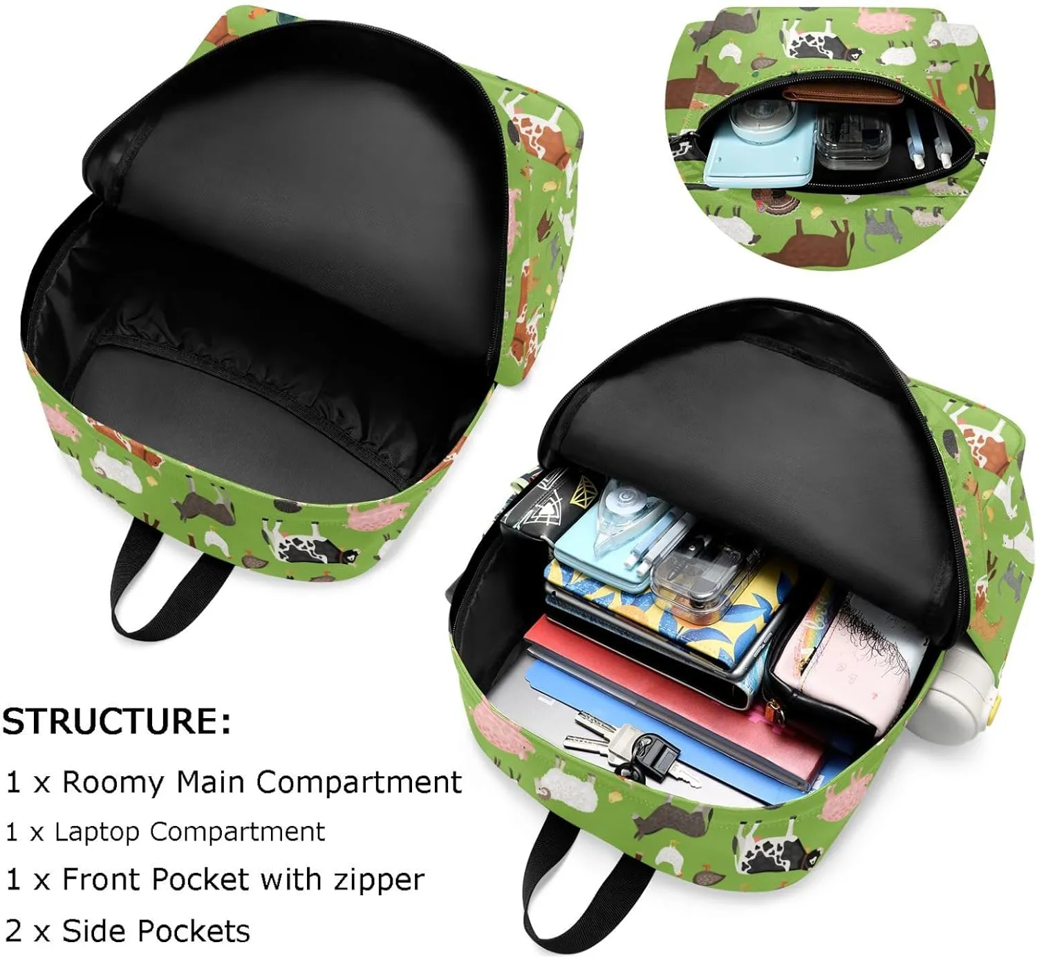Cartoon Farm Animals Green Floral Large Canvas Backpack Durable Travel Shoulder Daypack for Unisex School Bookbag Beach Work Hiking Fit 16.5 Inch Notebook