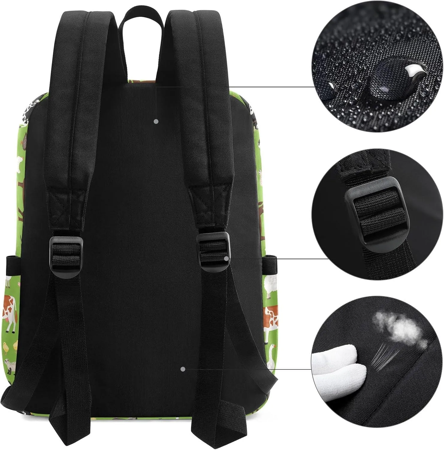 Cartoon Farm Animals Green Floral Large Canvas Backpack Durable Travel Shoulder Daypack for Unisex School Bookbag Beach Work Hiking Fit 16.5 Inch Notebook
