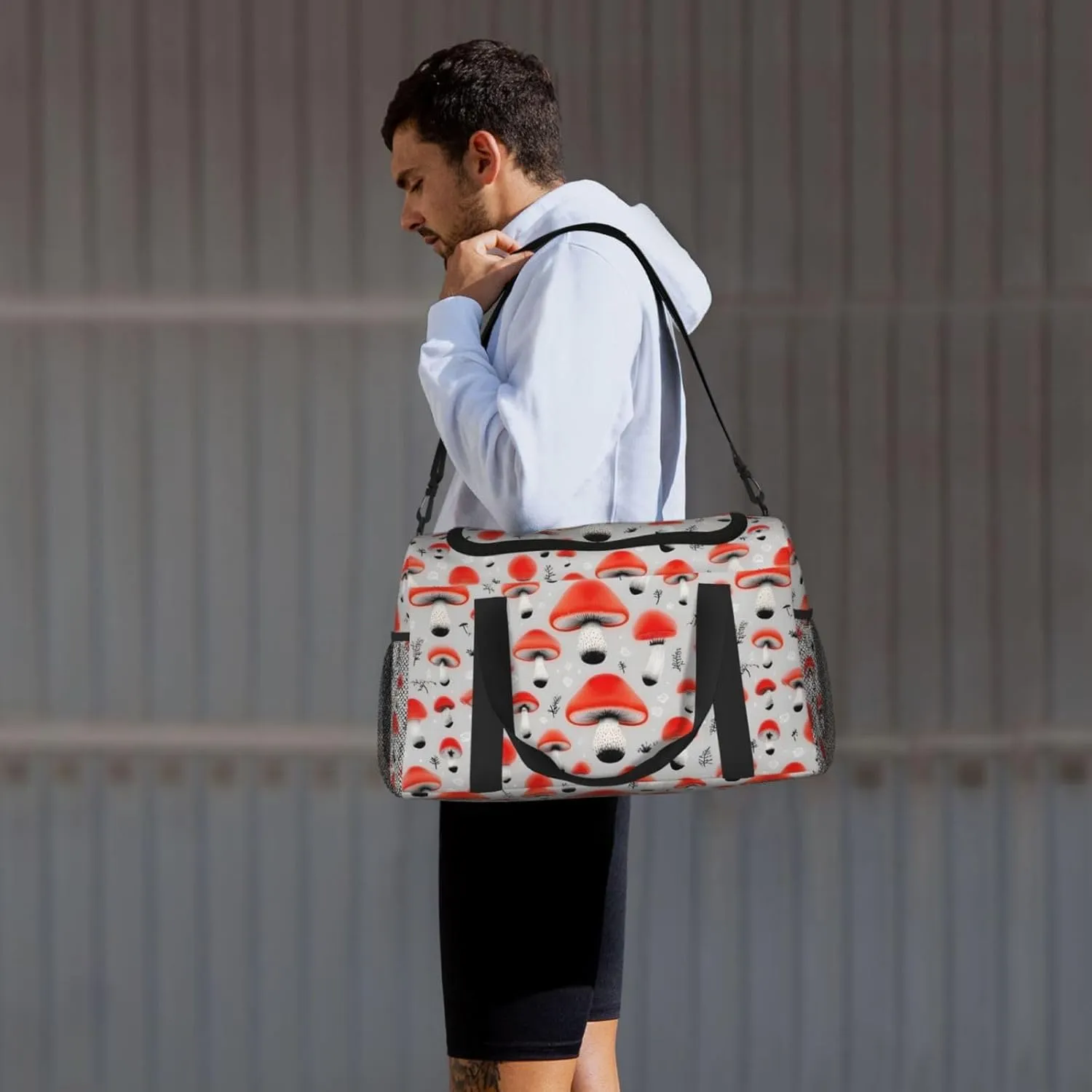 Cartoon Mushrooms Travel Duffel Bag With Zippers And Handles, Big Foldable Duffle Bag For Family Vacations