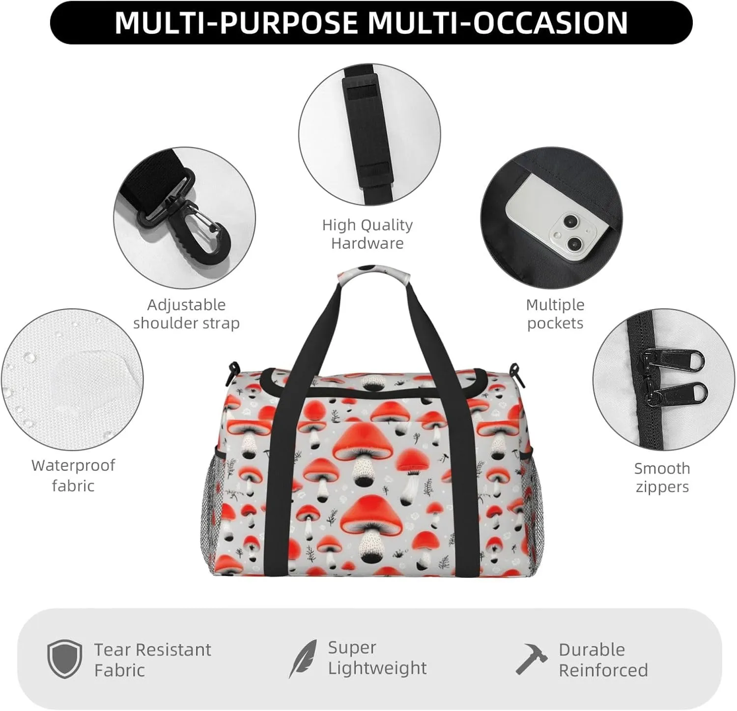 Cartoon Mushrooms Travel Duffel Bag With Zippers And Handles, Big Foldable Duffle Bag For Family Vacations