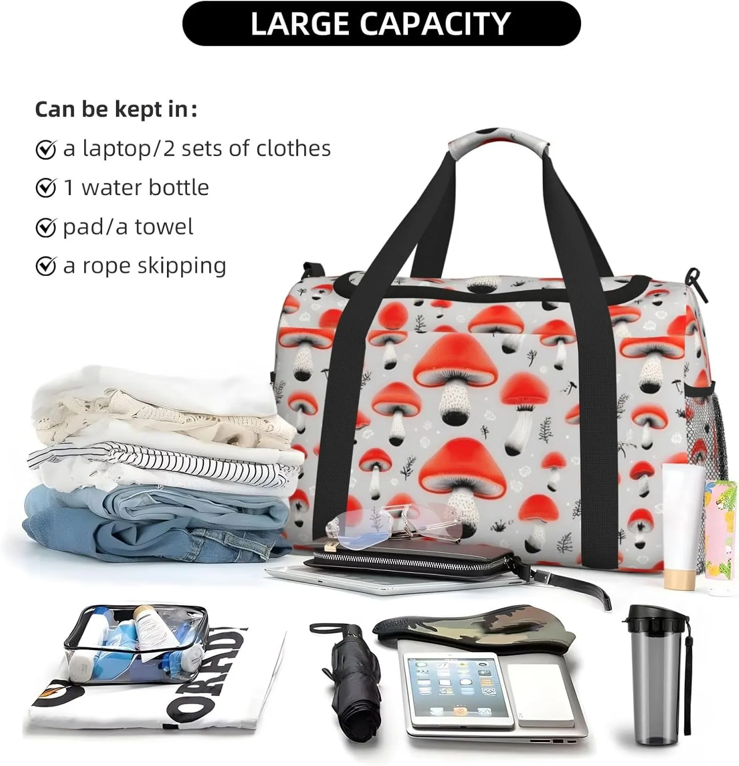 Cartoon Mushrooms Travel Duffel Bag With Zippers And Handles, Big Foldable Duffle Bag For Family Vacations