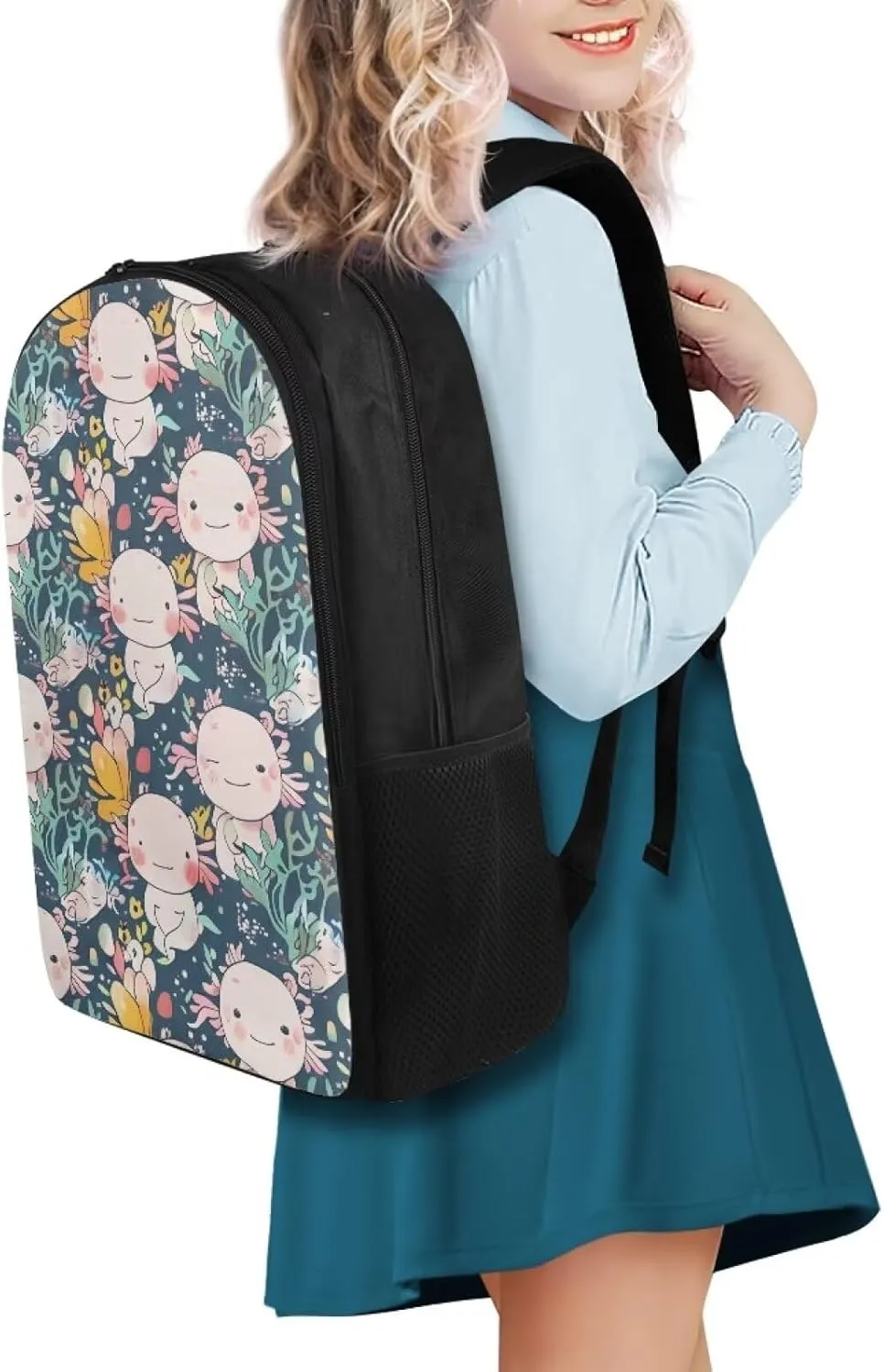 Cartoon Salamander Book Bag for Girls Water Plant Travel Backpack Kids High School Backpack for Girls Waterproof Kids' Backpacks Back-To-School Season Birthdays Gifts