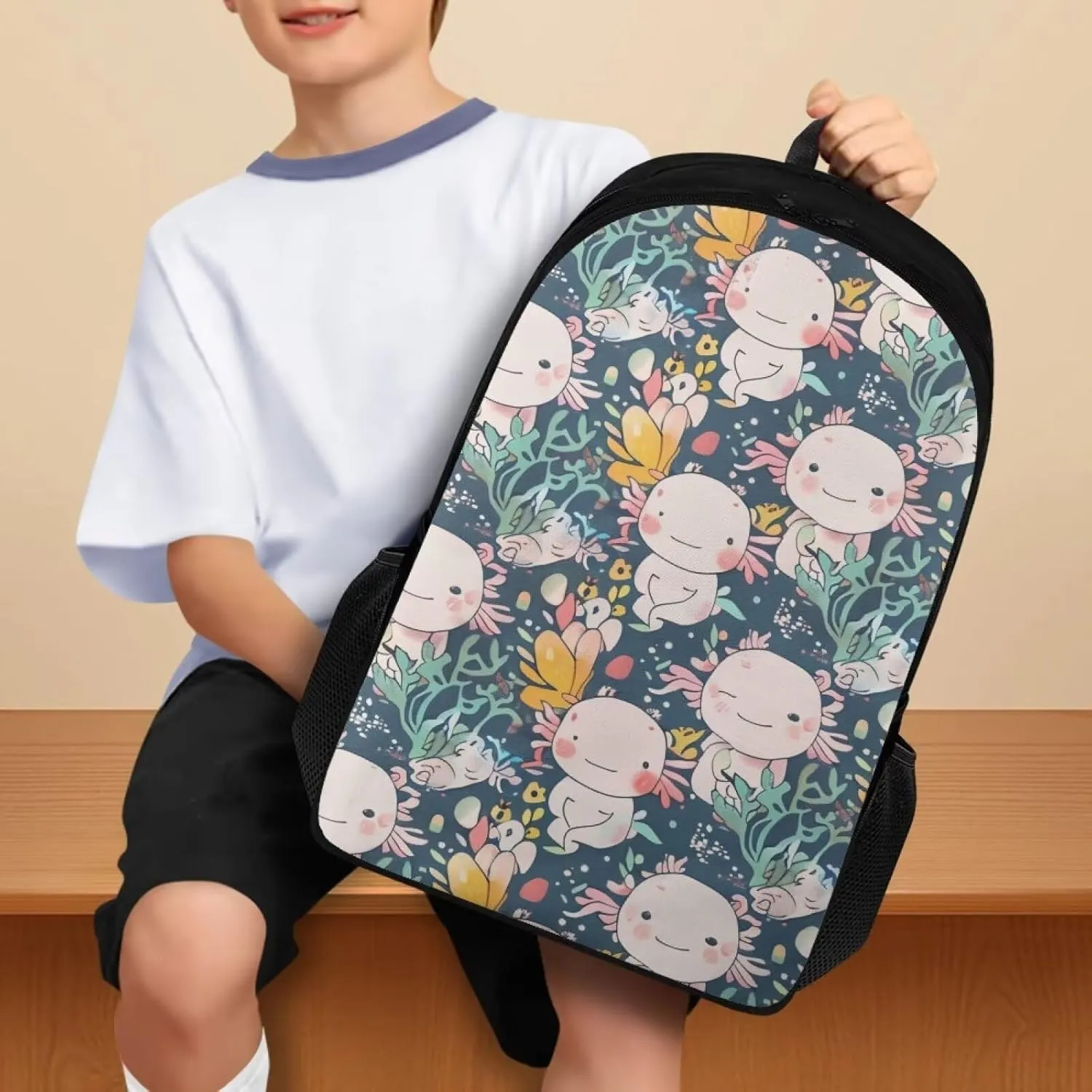 Cartoon Salamander Book Bag for Girls Water Plant Travel Backpack Kids High School Backpack for Girls Waterproof Kids' Backpacks Back-To-School Season Birthdays Gifts