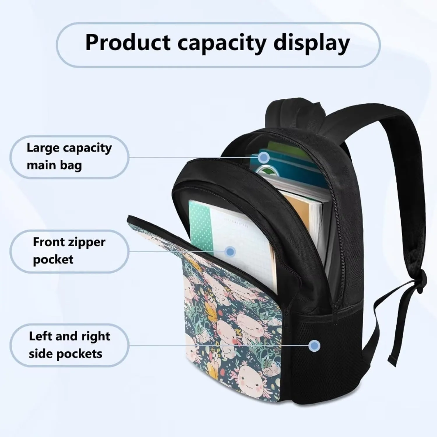 Cartoon Salamander Book Bag for Girls Water Plant Travel Backpack Kids High School Backpack for Girls Waterproof Kids' Backpacks Back-To-School Season Birthdays Gifts