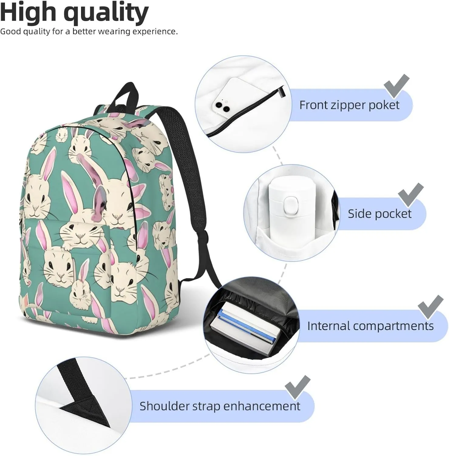 Casual Canvas Backpack, Laptop Rucksack,Shoulder Travel Camping Hiking Backpacks for Men Women-Bunny cute