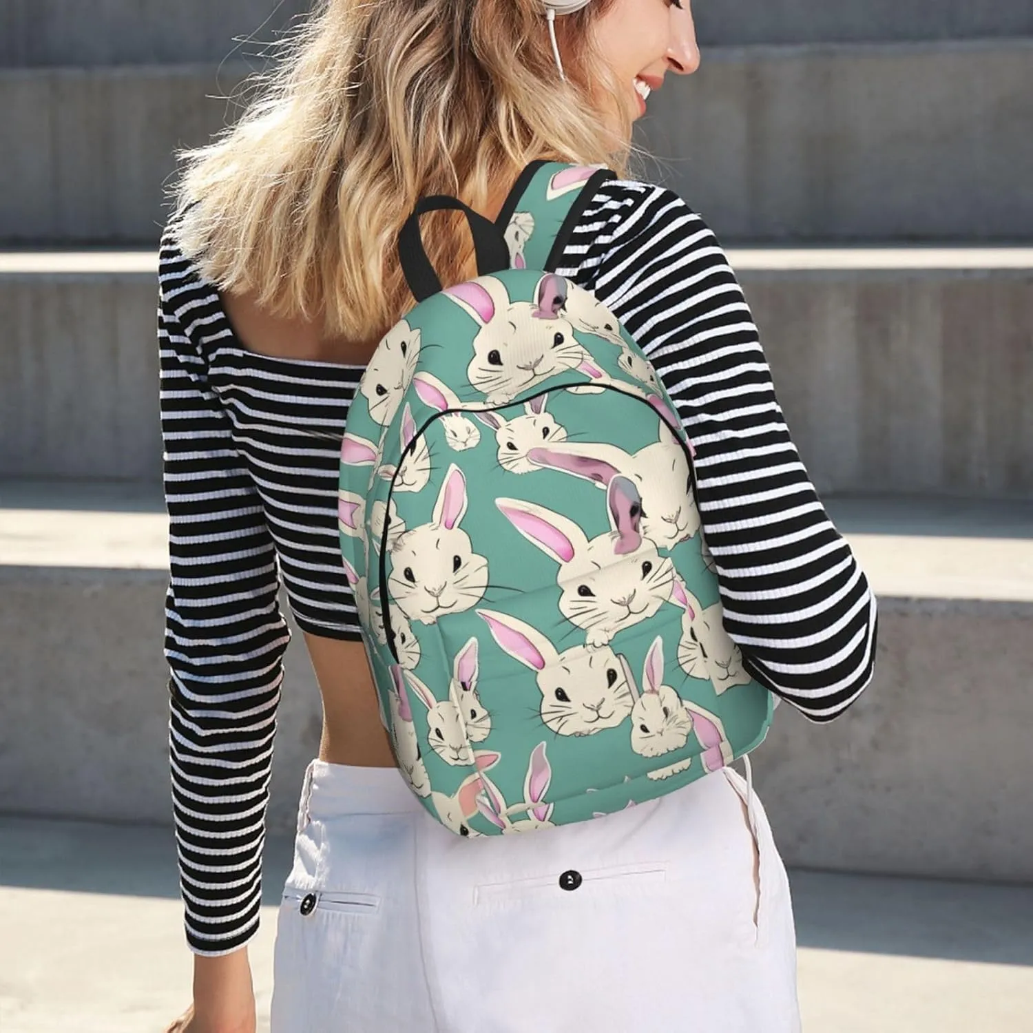 Casual Canvas Backpack, Laptop Rucksack,Shoulder Travel Camping Hiking Backpacks for Men Women-Bunny cute