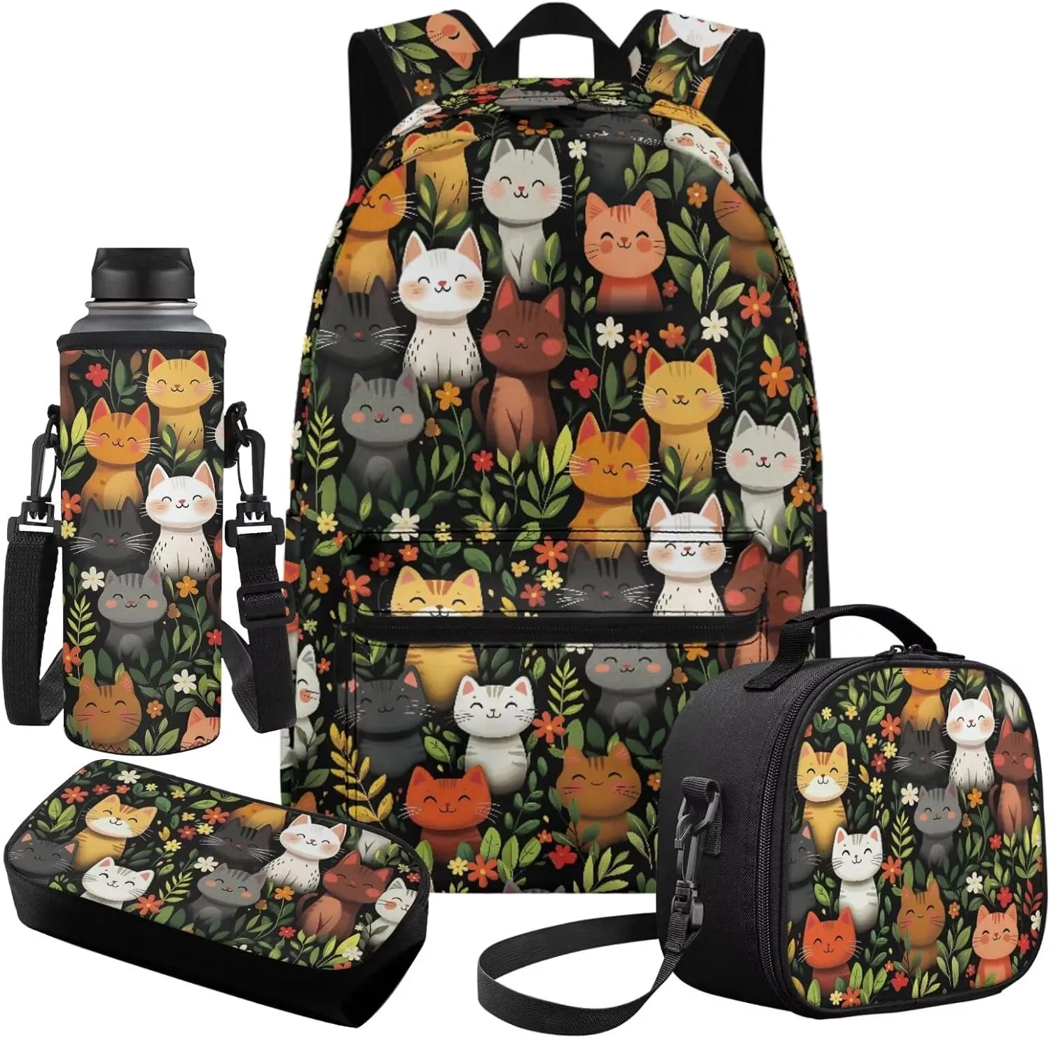 Cat Backpacks for 5th Grade Girls Cute Bookbag with Lunch Box and Water Bottle 17 inch School Bag Set for Kids Large Capacity Bookbag Heavy Duty Back to School Backpacks for Girls