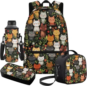 Cat Backpacks for 5th Grade Girls Cute Bookbag with Lunch Box and Water Bottle 17 inch School Bag Set for Kids Large Capacity Bookbag Heavy Duty Back to School Backpacks for Girls