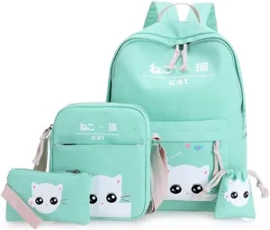 Cat Young Ladies Backpack Set Cat Print Bag Cute Bag 4-Piece Set Pink One Size