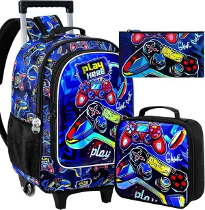 CCJPX 3PCS Gamer Rolling Backpack for Boys, Kids Backpacks with Roller Wheels, Wheeled Bookbag with Lunch Box for Toddler Elementary School-Black