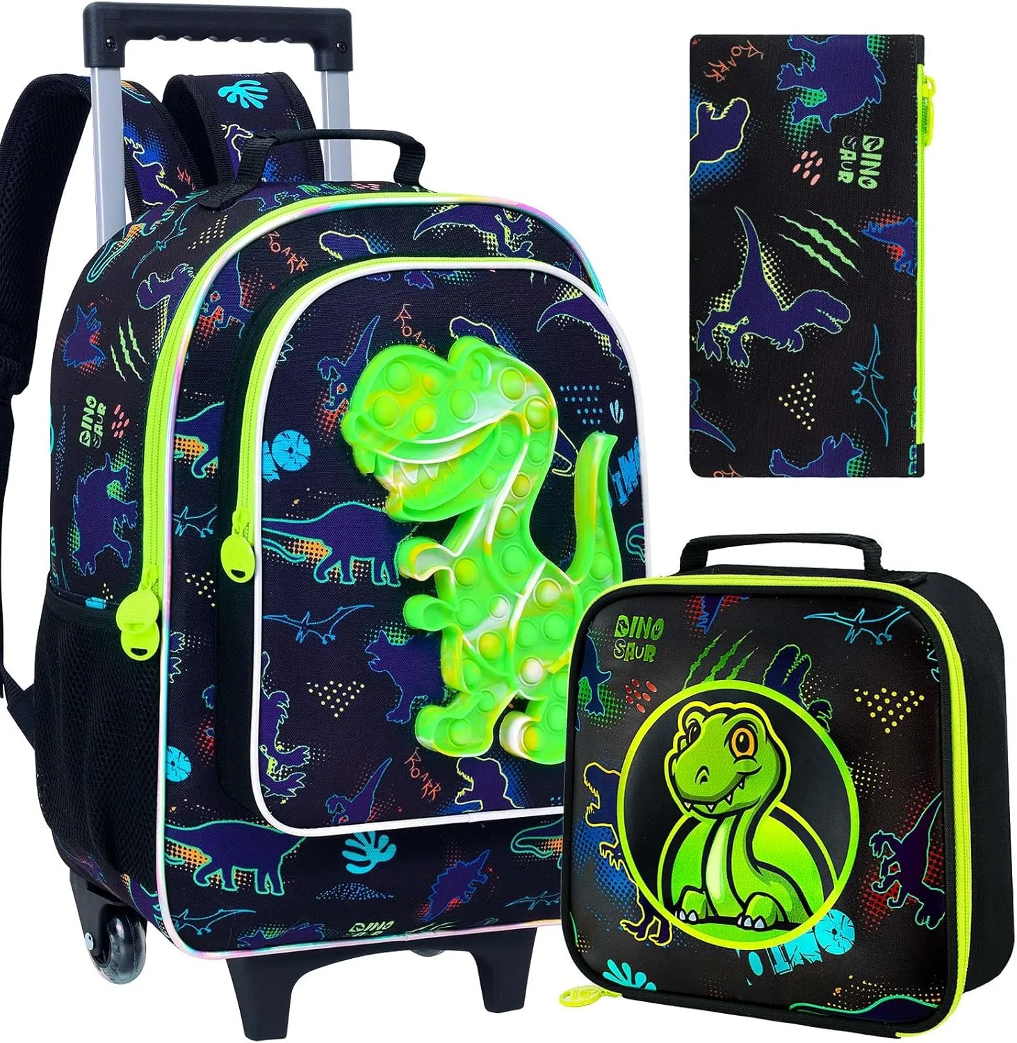 CCJPX 3PCS Rolling Backpack for Boys, Kids Dinosaur Backpacks with Roller Wheels, Wheeled Bookbag with Lunch Box for Toddler Elementary School-Black