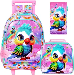 CCJPX 4PCS Rolling Backpack for Girls, Kids Roller Wheels School Bookbag Set, Wheeled School Bag for Toddler Elementary Children
