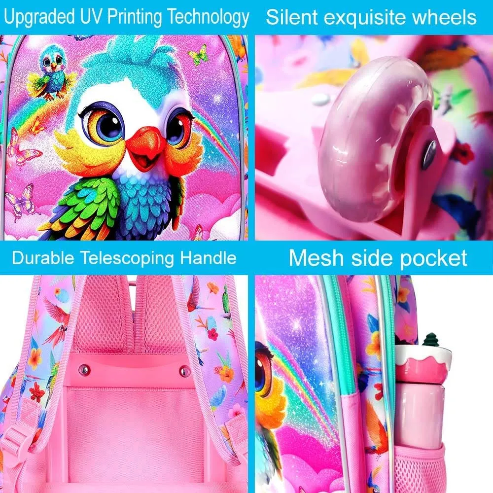CCJPX 4PCS Rolling Backpack for Girls, Kids Roller Wheels School Bookbag Set, Wheeled School Bag for Toddler Elementary Children