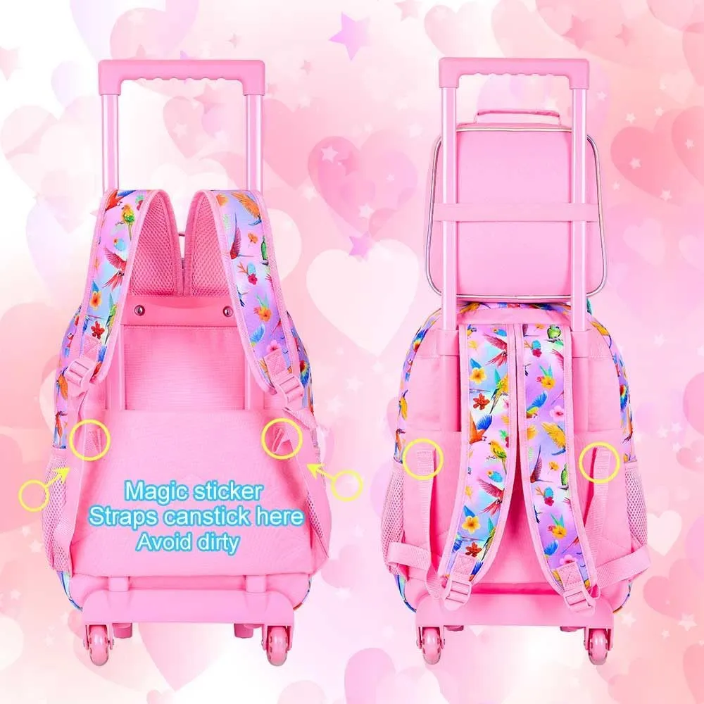 CCJPX 4PCS Rolling Backpack for Girls, Kids Roller Wheels School Bookbag Set, Wheeled School Bag for Toddler Elementary Children
