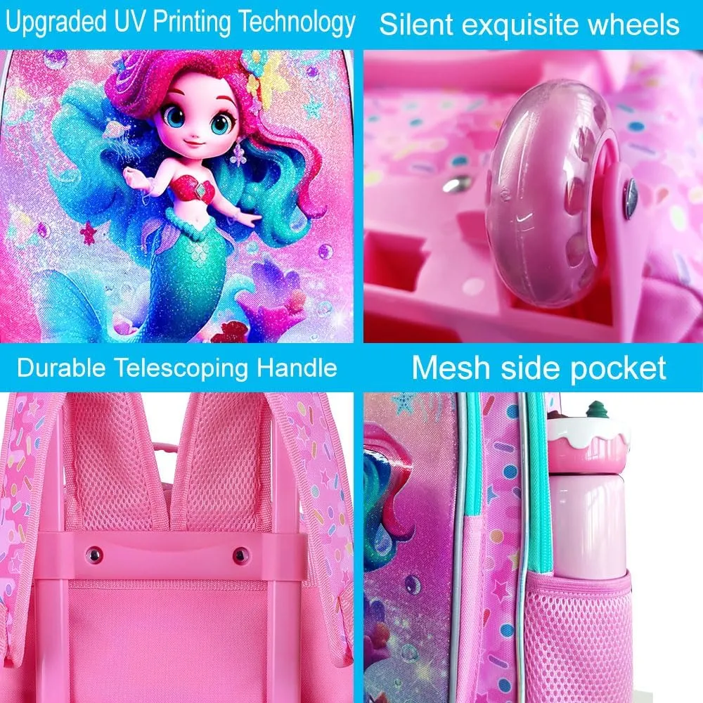 CCJPX 4PCS Rolling Backpack for Girls,Mermaid Backpacks with Roller Wheels, Kids Wheeled Bookbag with Lunch Box for Toddler Elementary School