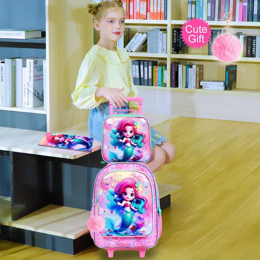 CCJPX 4PCS Rolling Backpack for Girls,Mermaid Backpacks with Roller Wheels, Kids Wheeled Bookbag with Lunch Box for Toddler Elementary School