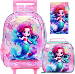 CCJPX 4PCS Rolling Backpack for Girls,Mermaid Backpacks with Roller Wheels, Kids Wheeled Bookbag with Lunch Box for Toddler Elementary School