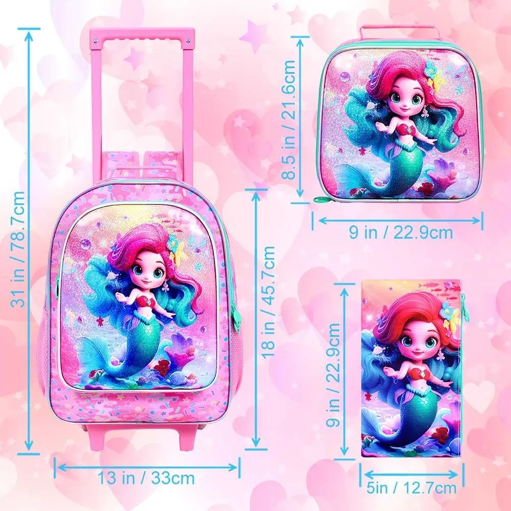 CCJPX 4PCS Rolling Backpack for Girls,Mermaid Backpacks with Roller Wheels, Kids Wheeled Bookbag with Lunch Box for Toddler Elementary School