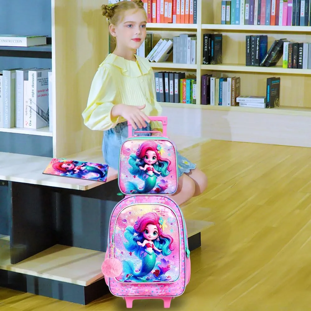 CCJPX 4PCS Rolling Backpack for Girls,Mermaid Backpacks with Roller Wheels, Kids Wheeled Bookbag with Lunch Box for Toddler Elementary School