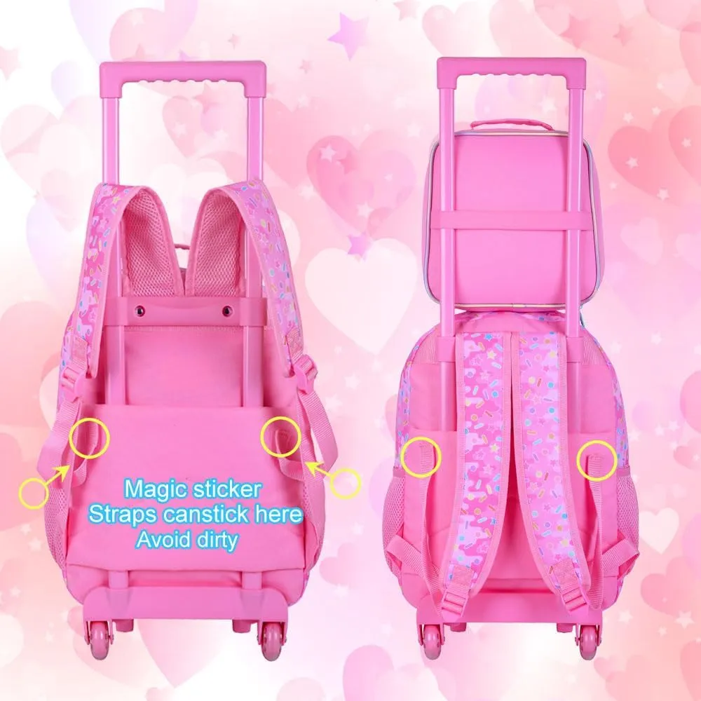 CCJPX 4PCS Rolling Backpack for Girls,Mermaid Backpacks with Roller Wheels, Kids Wheeled Bookbag with Lunch Box for Toddler Elementary School