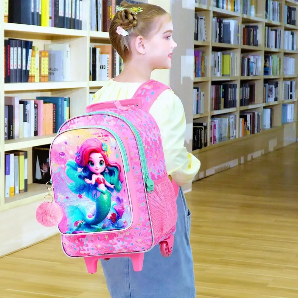 CCJPX 4PCS Rolling Backpack for Girls,Mermaid Backpacks with Roller Wheels, Kids Wheeled Bookbag with Lunch Box for Toddler Elementary School