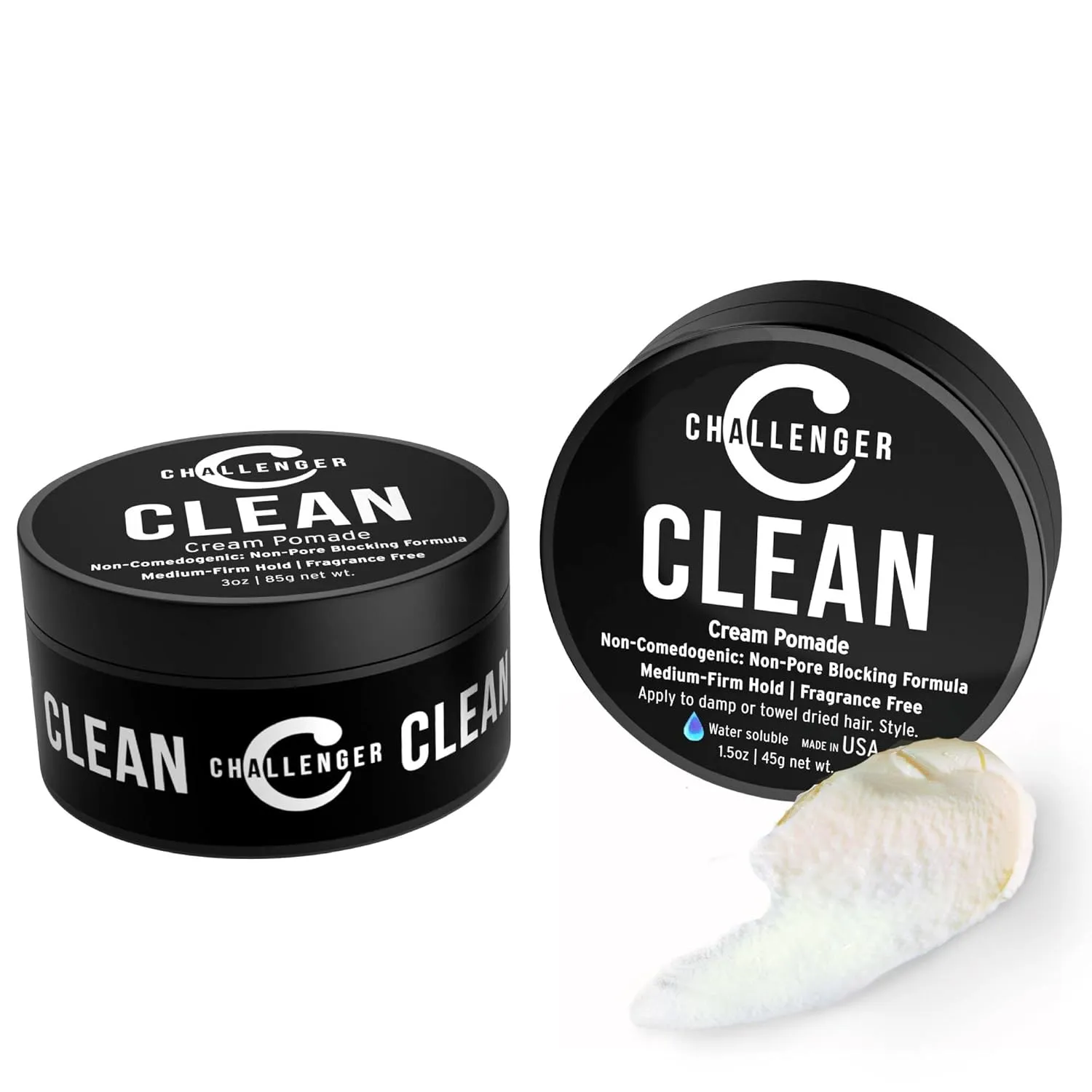 Challenger Fragrance Free Cream Pomade Combo | Non-Comedogenic Styling Product | Unscented Hair Gel | Medium Firm Hold & Clean Ingredients | For All Hair Types | 3oz and 1.5oz Jars