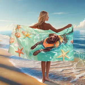 Charming Ocean Waves Puppy Microfiber Beach Towel Aqua Brown Dog Print Quick Dry Soft Sand Free Lightweight Beach Blanket, Travel Pool Picnic Essentials 62x31 Inch