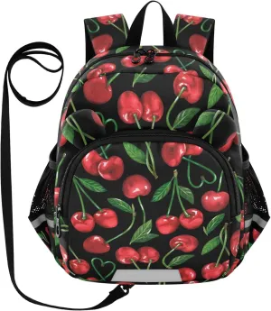 Cherry Watercolor Black Preschool Backpack Design Daycare Bookbag School Backpack with Traction Rope for Kids 3-6