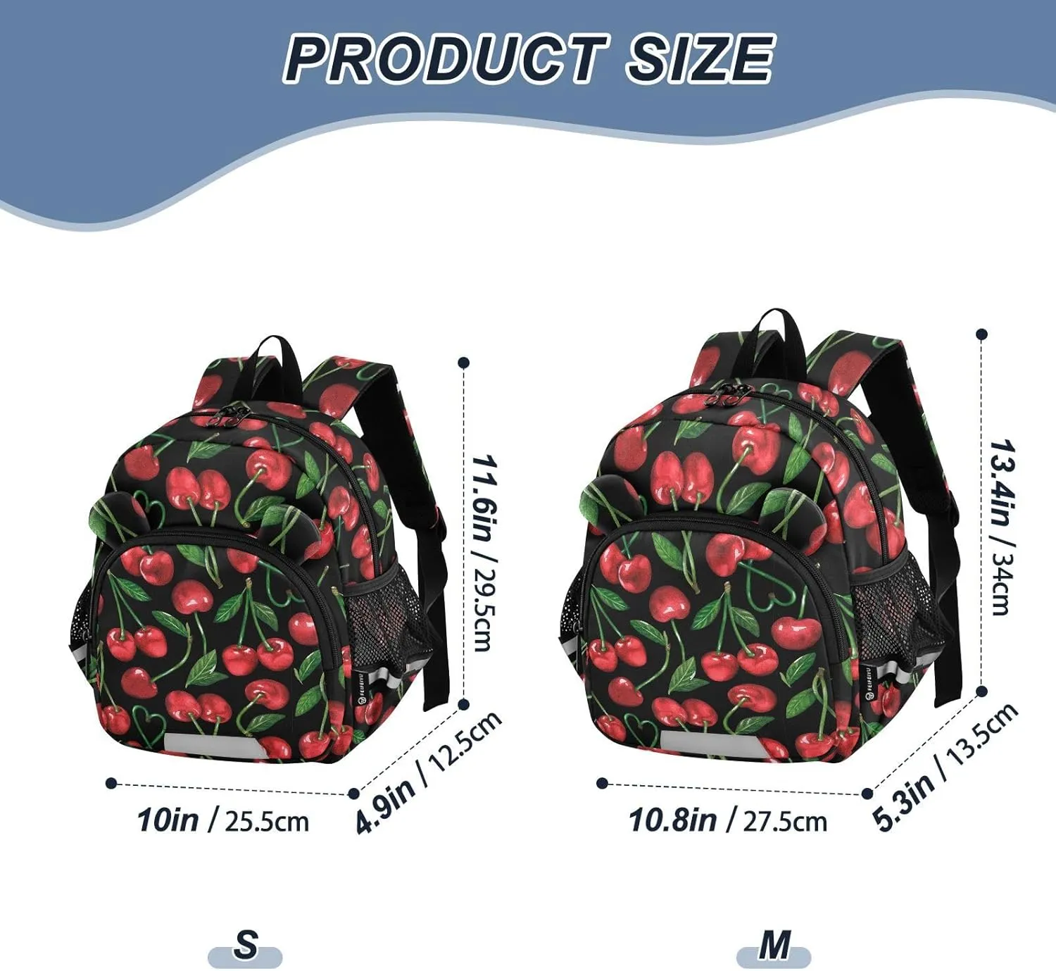 Cherry Watercolor Black Preschool Backpack Design Daycare Bookbag School Backpack with Traction Rope for Kids 3-6