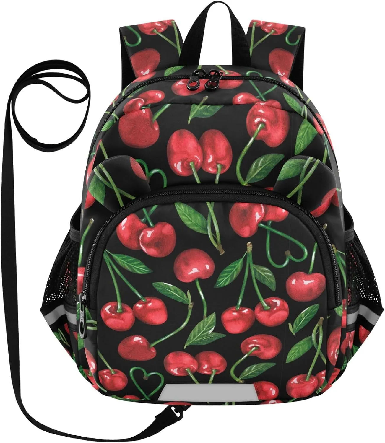 Cherry Watercolor Black Preschool Backpack Design Daycare Bookbag School Backpack with Traction Rope for Kids 3-6
