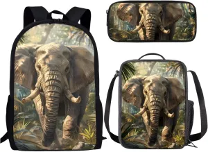 Children's School Backpacks Set African Elephant Print Girls/Boys Back to School Backpack Book Bag Lunch Bag Pen Case 3 in 1 Brown