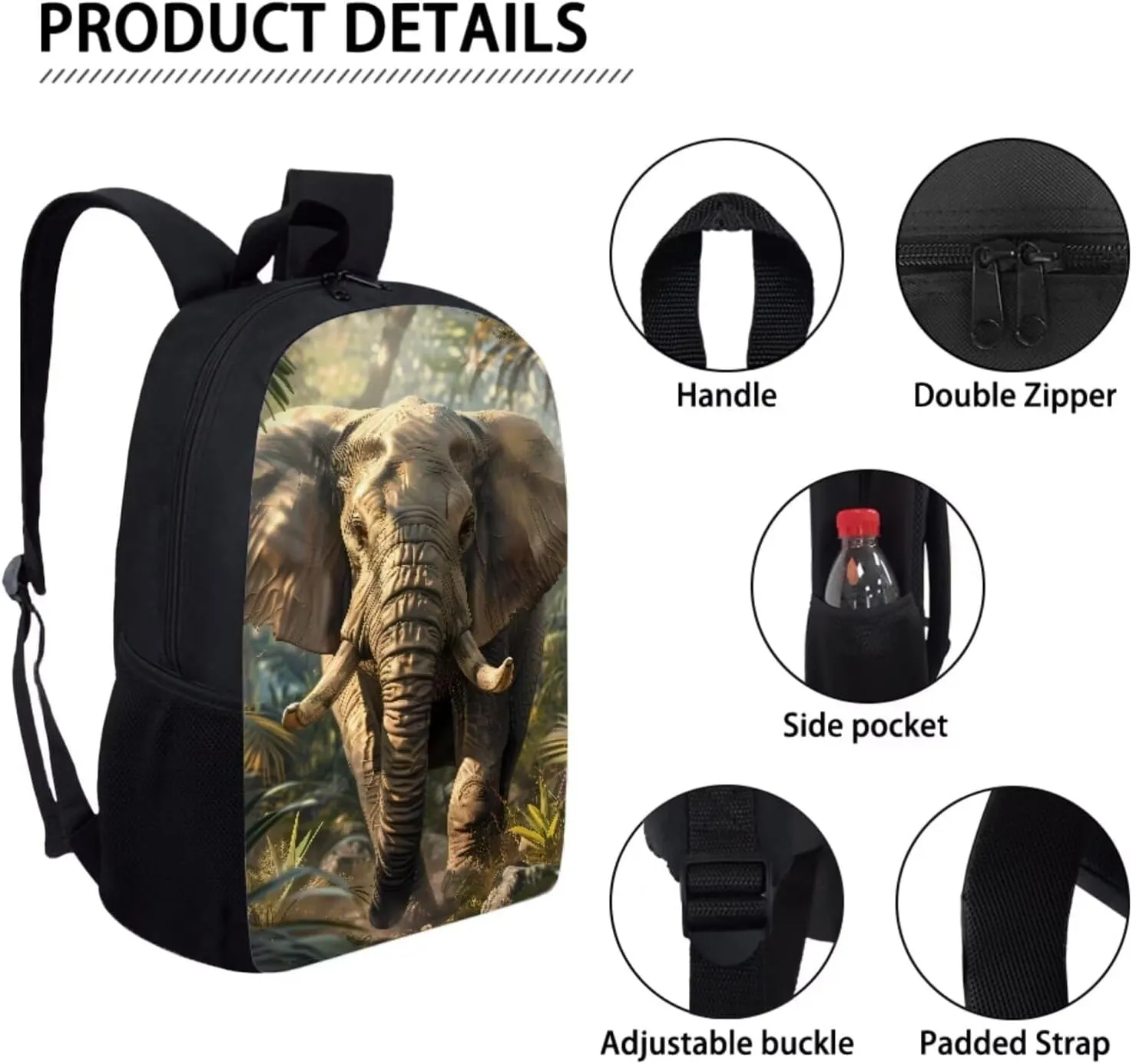 Children's School Backpacks Set African Elephant Print Girls/Boys Back to School Backpack Book Bag Lunch Bag Pen Case 3 in 1 Brown