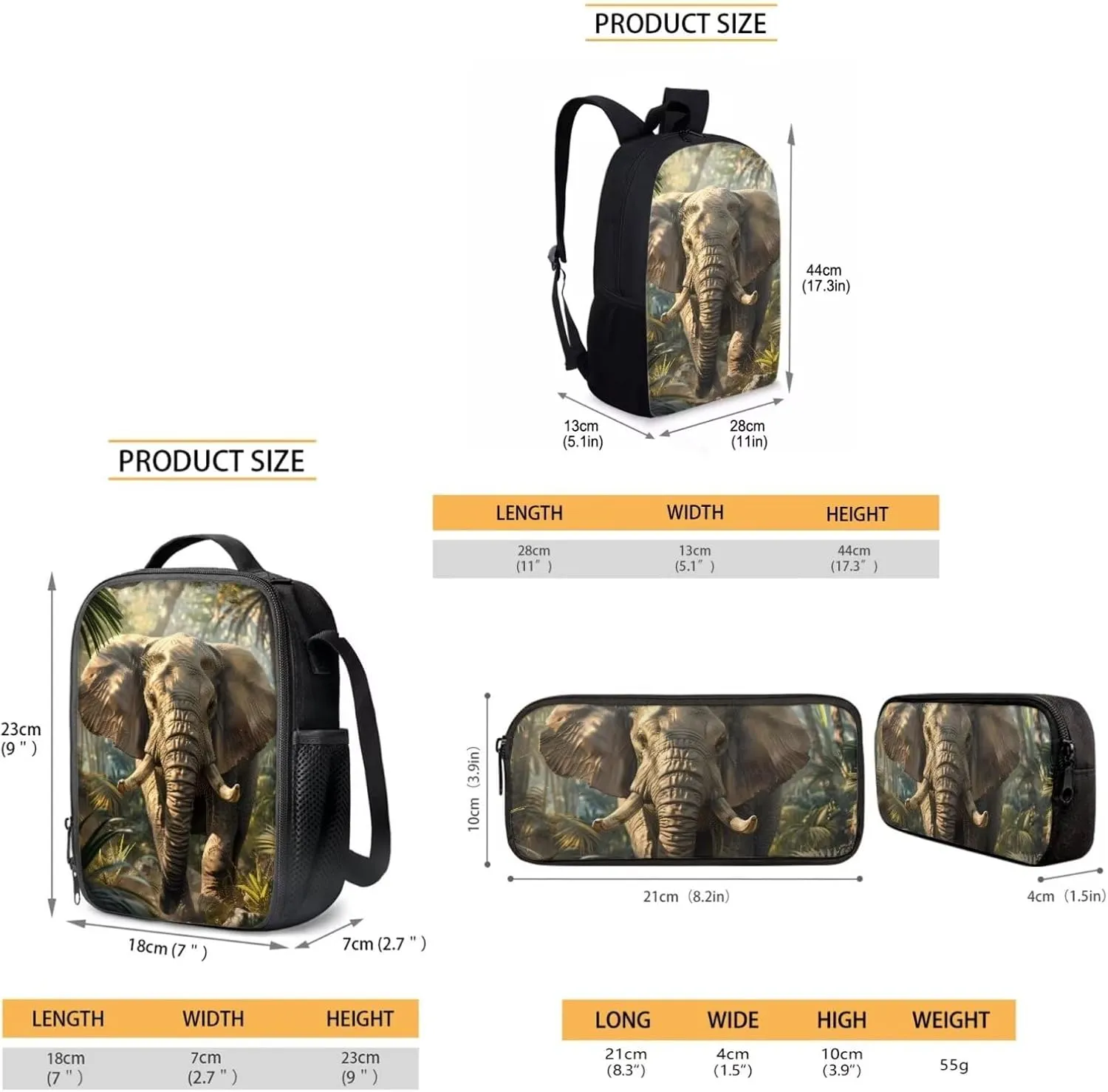 Children's School Backpacks Set African Elephant Print Girls/Boys Back to School Backpack Book Bag Lunch Bag Pen Case 3 in 1 Brown