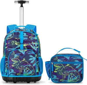 Choco Mocha Boys Rolling Backpack for Kids, 18 Inch Rolling Backpack for Elementary School with Wheels, Dinosaur Roller Backpacks with Lunch Bag Set for Boys, Blue