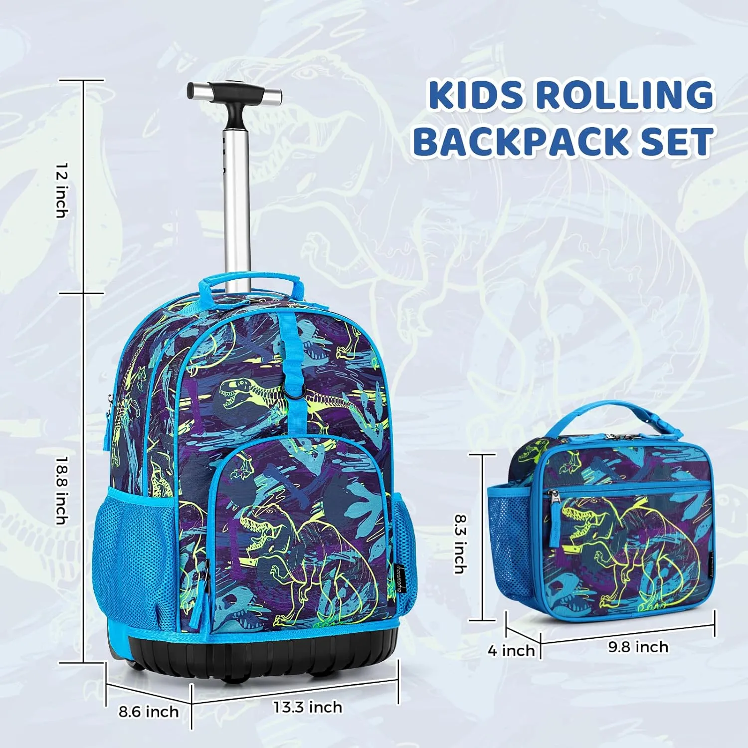 Choco Mocha Boys Rolling Backpack for Kids, 18 Inch Rolling Backpack for Elementary School with Wheels, Dinosaur Roller Backpacks with Lunch Bag Set for Boys, Blue