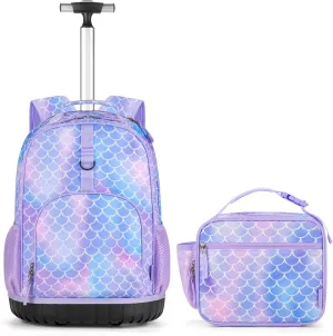 Choco Mocha Kids Rolling Backpack for Girls, 18 Inch Travel Large Rolling Backpack for Elementary School Bookbag with Wheels, Mermaid Roller Backpacks with Lunch Bag Set for Girls, Blue