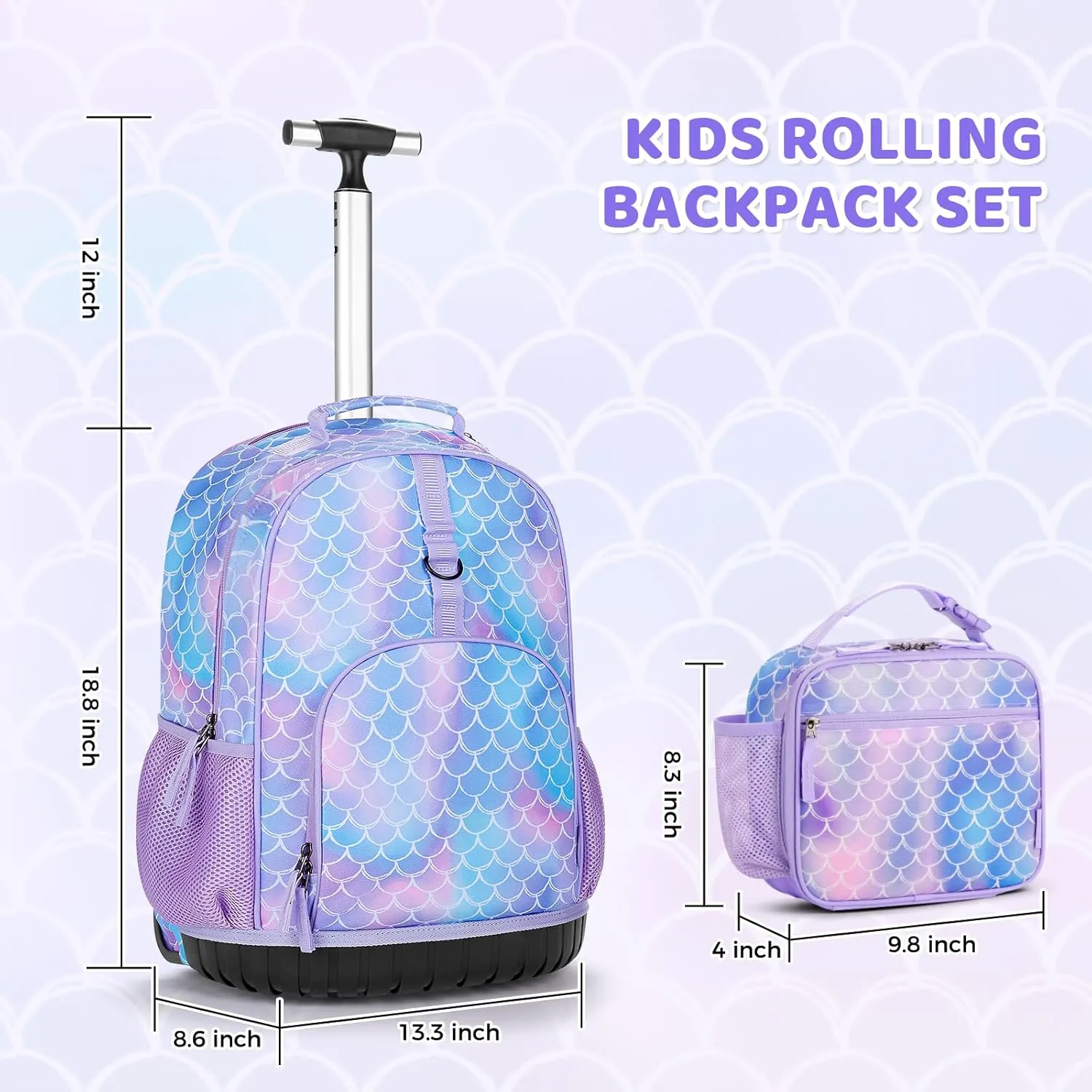 Choco Mocha Kids Rolling Backpack for Girls, 18 Inch Travel Large Rolling Backpack for Elementary School Bookbag with Wheels, Mermaid Roller Backpacks with Lunch Bag Set for Girls, Blue