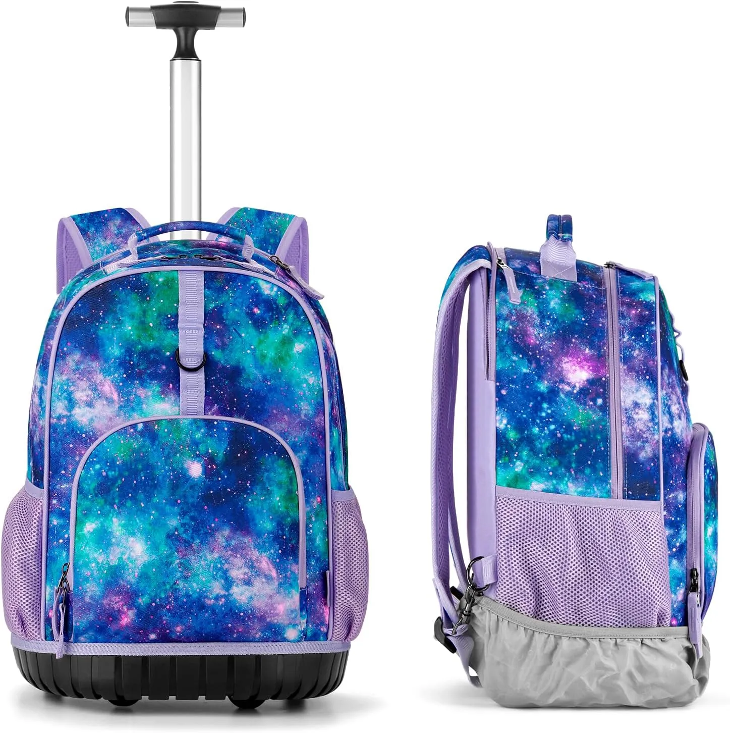 Choco Mocha Kids Rolling Backpack for Girls, 18 Inch Travel Roller Backpack for Elementary School Bookbag with Wheels, Galaxy Rolling Backpacks with Lunch Bag Set for Girls, Purple