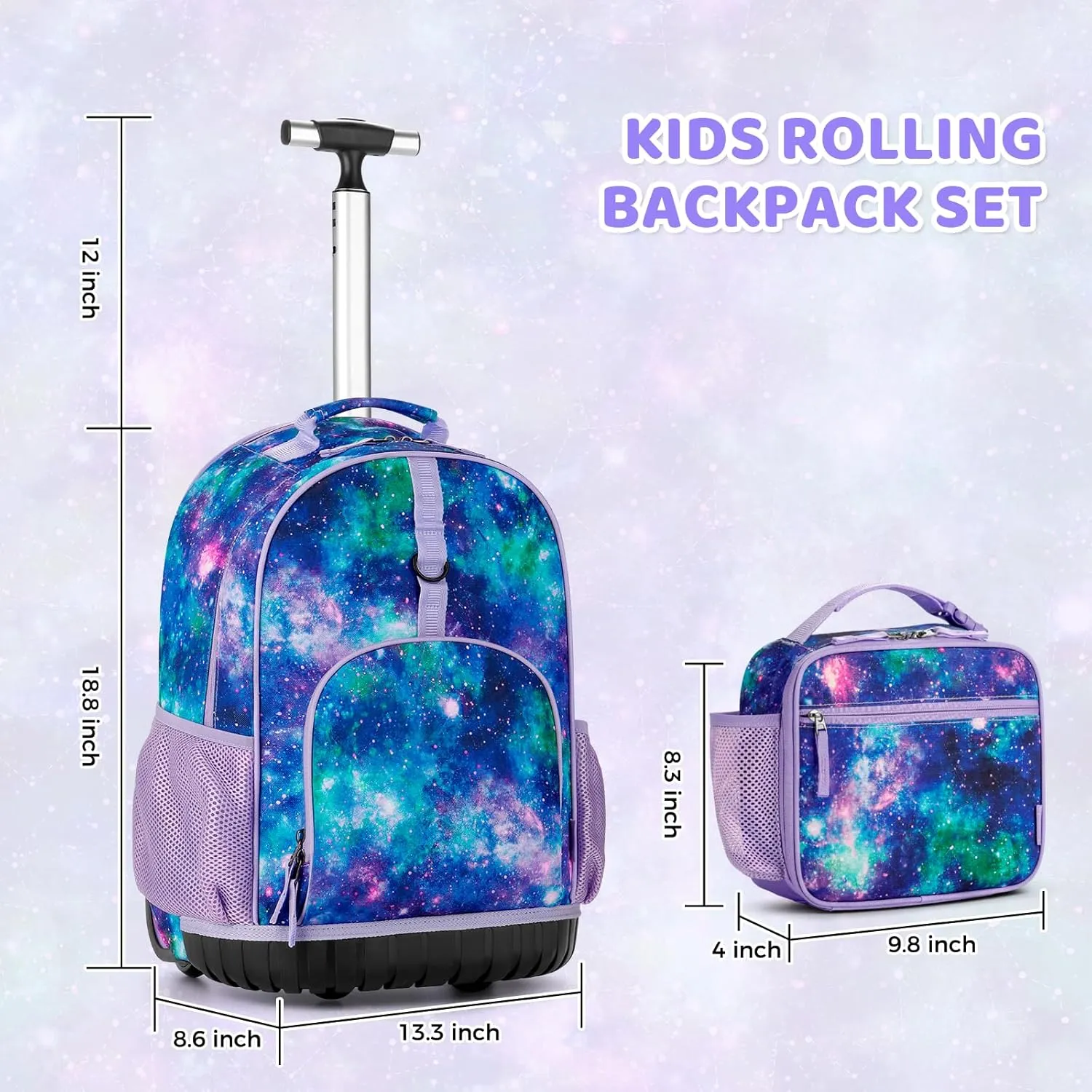 Choco Mocha Kids Rolling Backpack for Girls, 18 Inch Travel Roller Backpack for Elementary School Bookbag with Wheels, Galaxy Rolling Backpacks with Lunch Bag Set for Girls, Purple