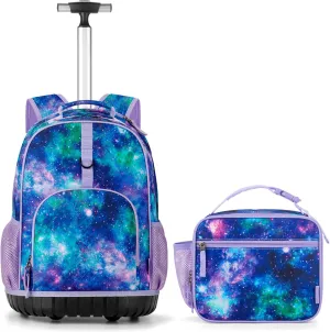 Choco Mocha Kids Rolling Backpack for Girls, 18 Inch Travel Roller Backpack for Elementary School Bookbag with Wheels, Galaxy Rolling Backpacks with Lunch Bag Set for Girls, Purple
