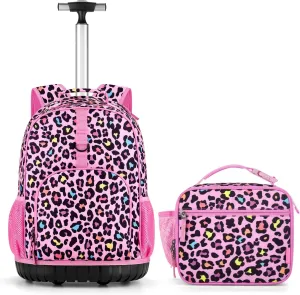 Choco Mocha Kids Rolling Backpack for Girls, 18 Inch Travel Roller Backpack for Elementary School Bookbag with Wheels, Leopard Rolling Backpacks with Lunch Bag Set for Girls, Cheetah Pink