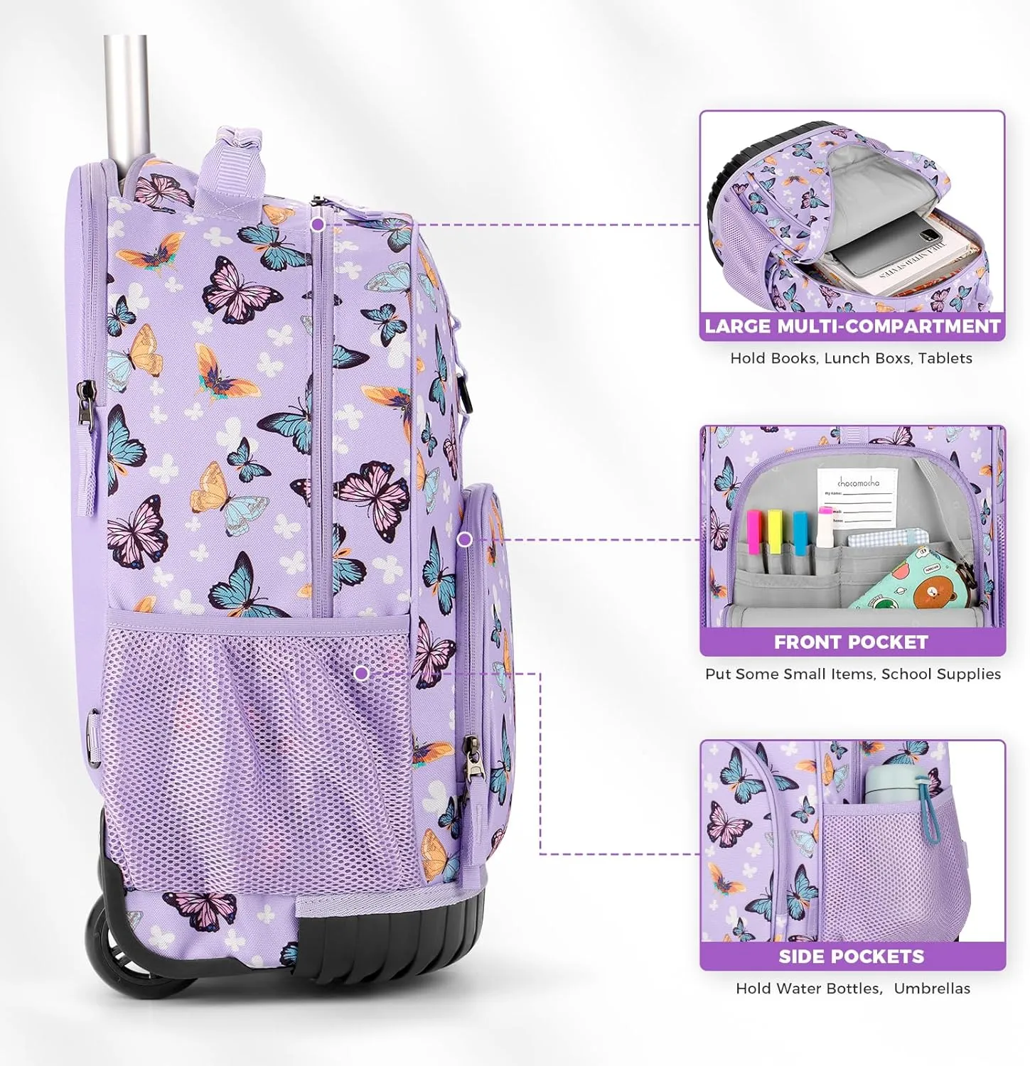 Choco Mocha Kids Rolling Backpack for Girls, 18 Inch Travel Roller Backpack for Elementary School Bookbag with Wheels, Tie Dye Rolling Backpacks with Lunch Bag Set for Girls, Colorful